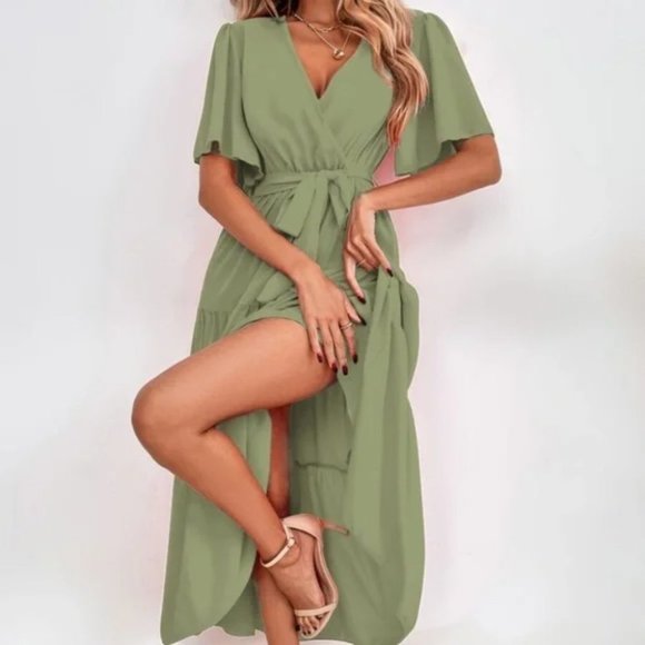 Boho Surplice Butterfly Sleeve Ruffle Maxi Dress GREEN - Picture 4 of 5